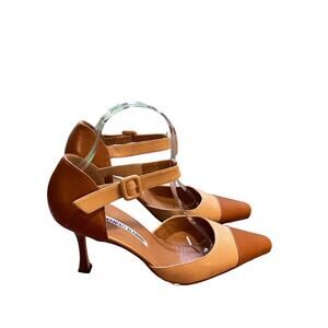 Manolo Blahnik Tan Brown Tip Ankle Wrap Pointy Pumps Heels 39 US 9 Excellent